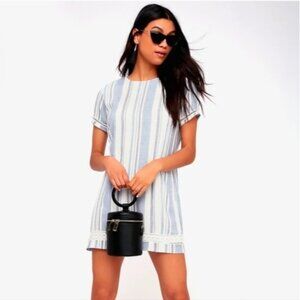 Lulus | Ardell Blue and White Striped Embroidered Shift Dress Size Medium